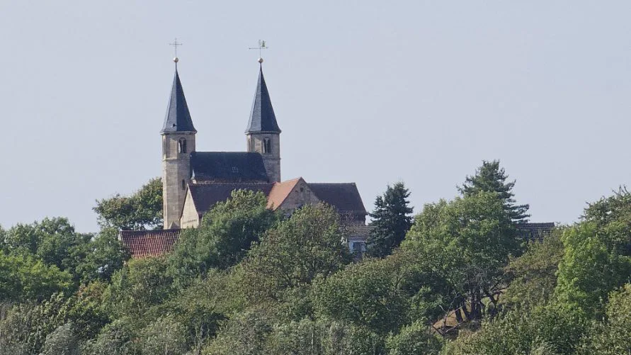 Pfeilerbasilika Münchenlohra mit ihren Doppeltürmen über einem bewaldeten Hang.