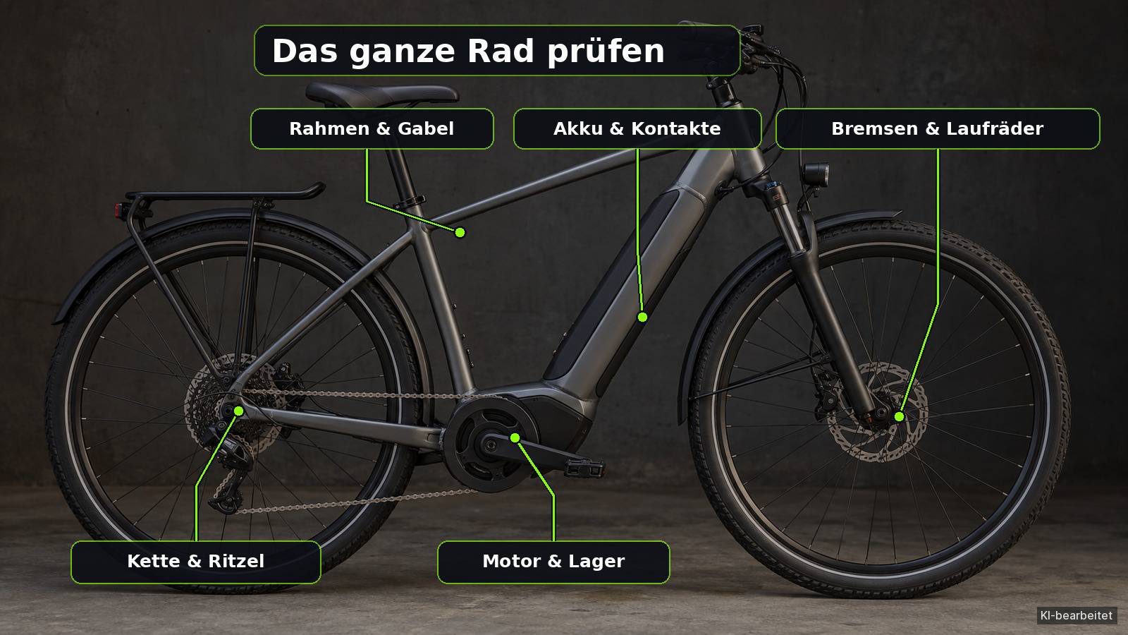 Trekking-E-Bike von der Seite mit markierten Prüfbereichen an Rahmen, Bremsen, Laufrädern, Antrieb, Motor und Akku.