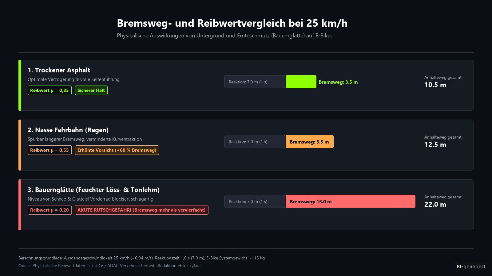 Balkendiagramm zum Vergleich von Bremswegen und Reibwerten bei 25 km/h auf trockenem Asphalt, nasser Fahrbahn und Bauernglätte.
