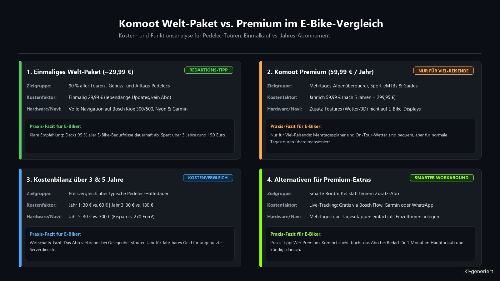 Infografik zum Vergleich von Komoot Welt-Paket und Komoot Premium mit Kostenvergleich über 3 und 5 Jahre sowie Hardware-Kompatibilität.