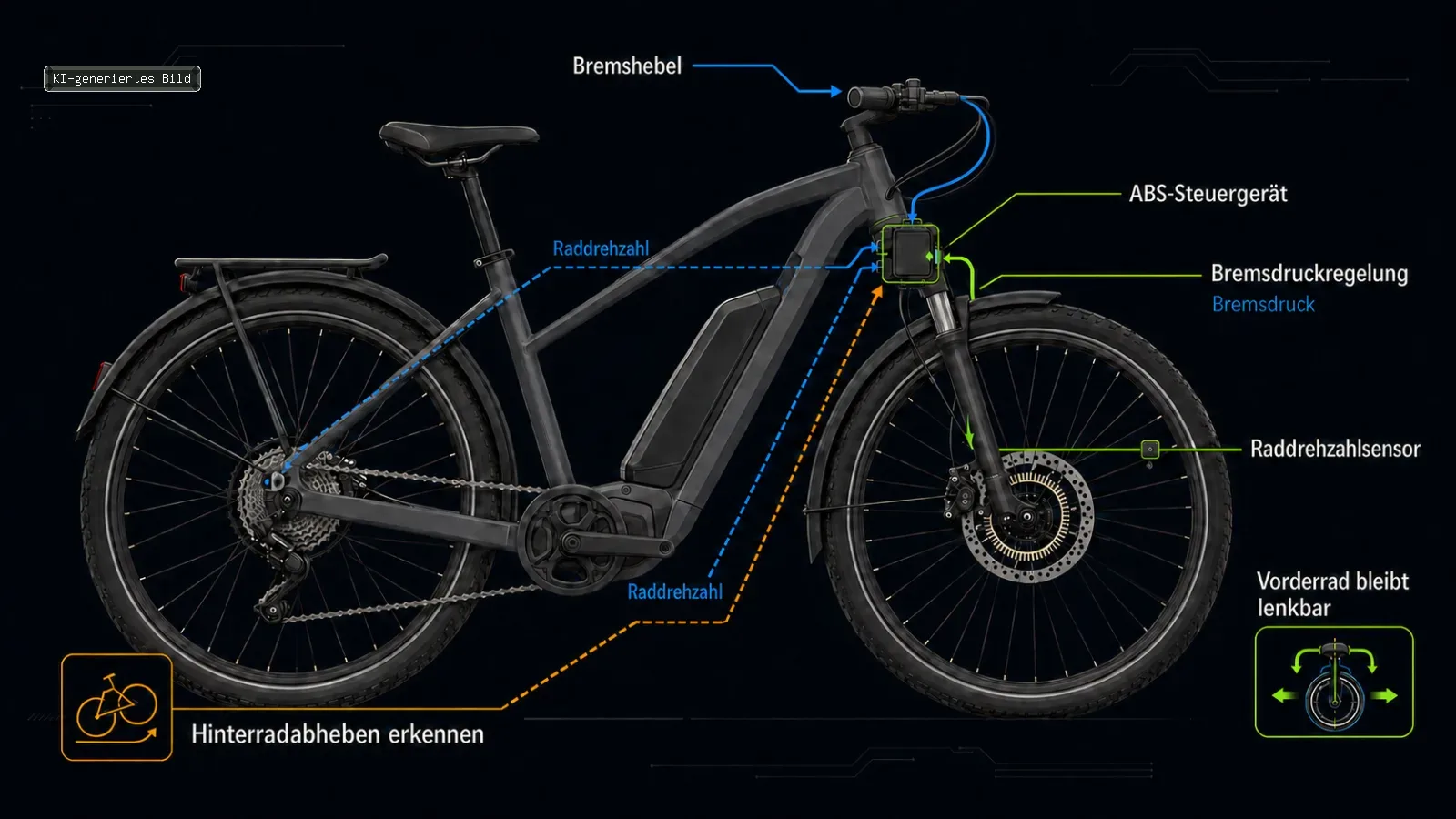 Systemübersicht zeigt Sensoren, ABS-Steuergerät und Bremsdruckregelung am E-Bike