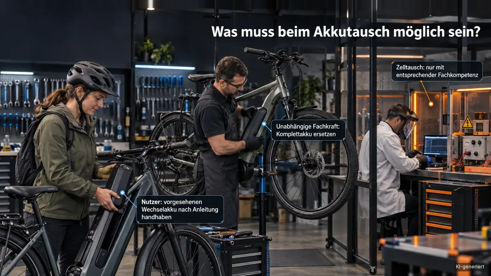 Werkstattszene zeigt die Handhabung eines vorgesehenen geschlossenen Wechselakkus durch den Nutzer sowie Komplett- und Zelltausch durch entsprechend qualifizierte unabhängige Fachleute.