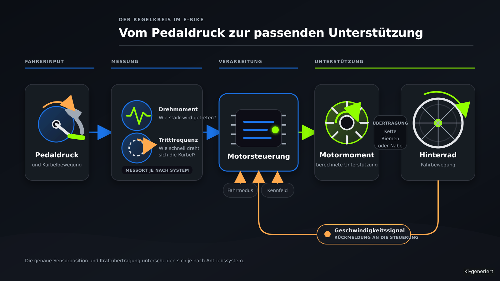 Wirkungsnetz vom Pedaldruck über Drehmoment- und Trittfrequenzsensor, Motorsteuerung und Antrieb bis zum Hinterrad mit rückgeführtem Geschwindigkeitssignal