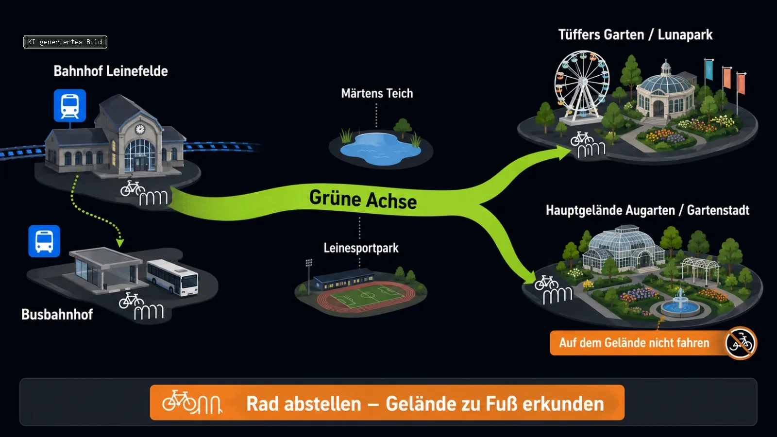 Schaubild zeigt E-Bike-Anreise vom Bahnhof zur Landesgartenschau über die Grüne Achse