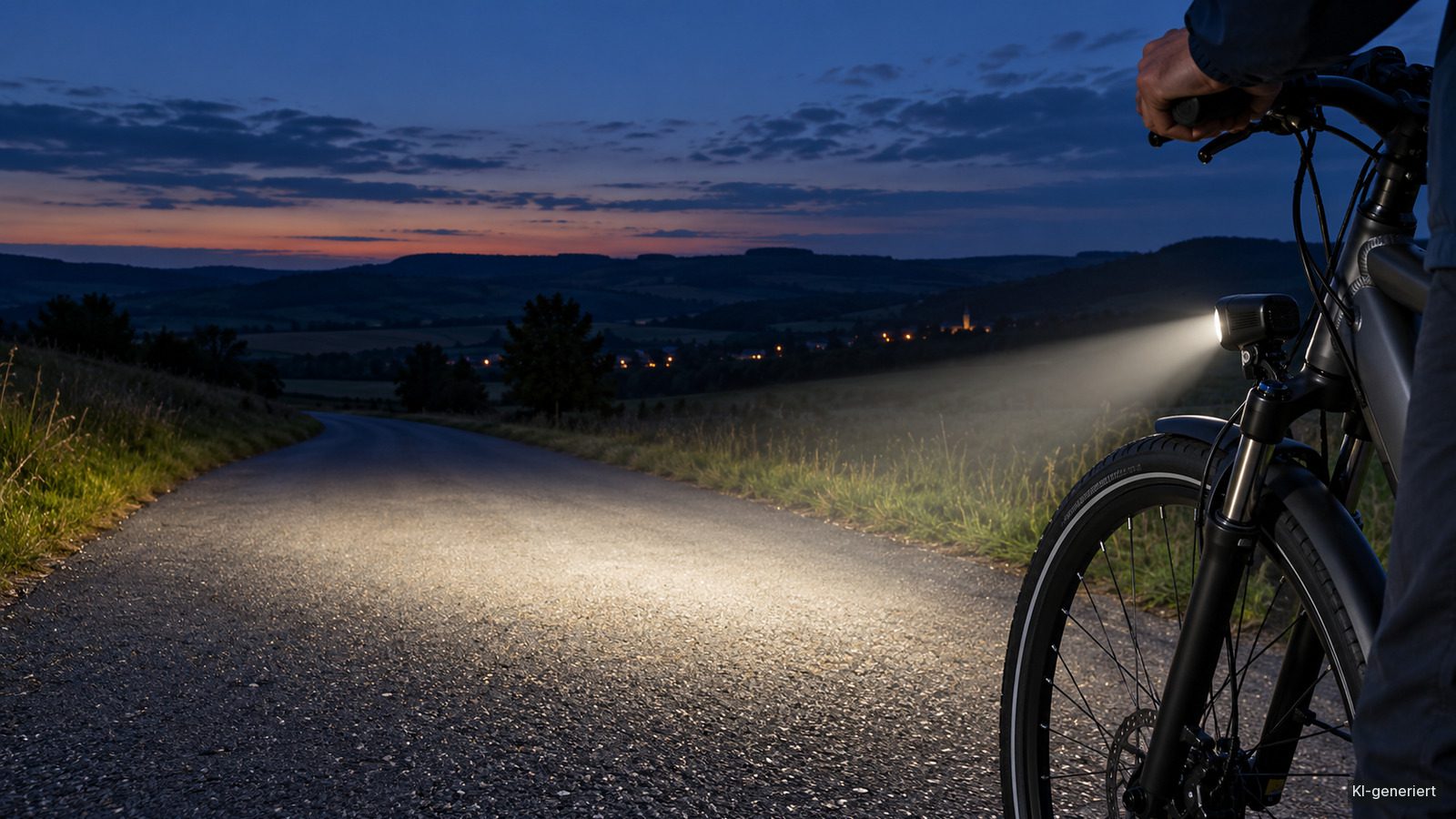 Frontscheinwerfer am E-Bike beleuchtet einen Landweg in der Dämmerung.