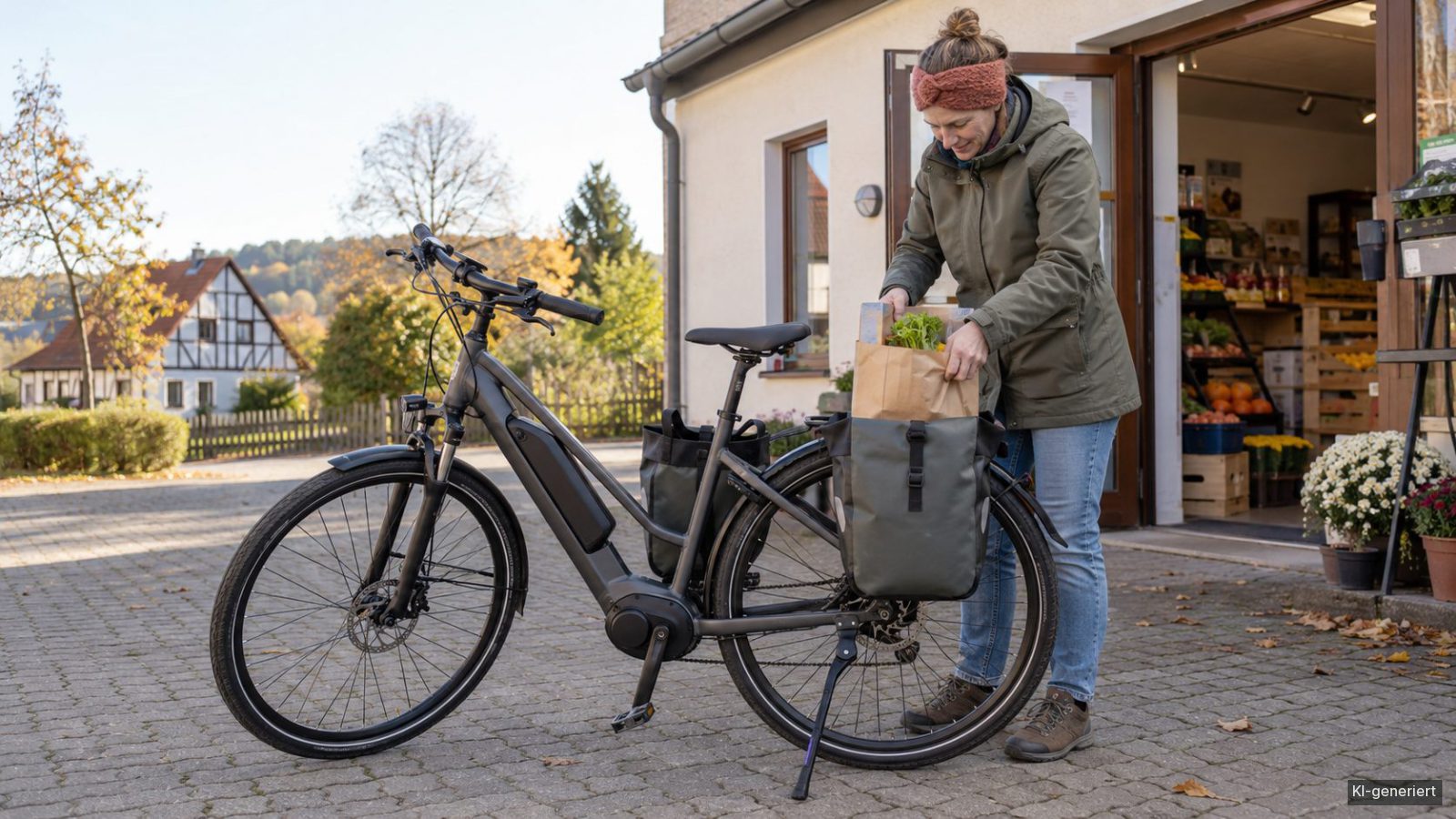 Frau verstaut einen kleinen Einkauf in der Packtasche eines Trekking-E-Bikes vor einem Dorfladen.