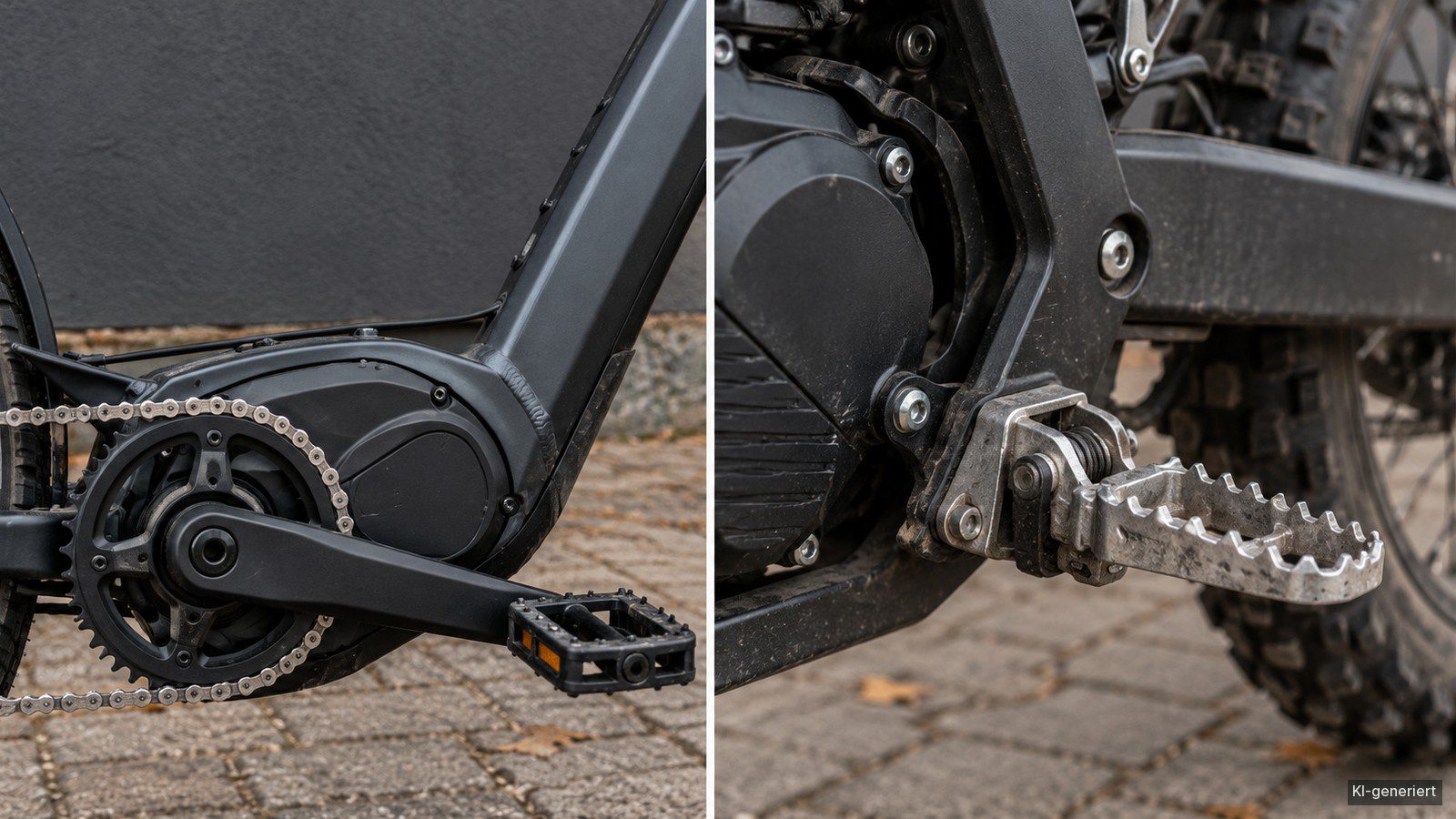 Zwei getrennte Detailaufnahmen zeigen Pedale und Kettenantrieb eines Trekking-E-Bikes sowie die Fußraste eines Elektromotorrads.