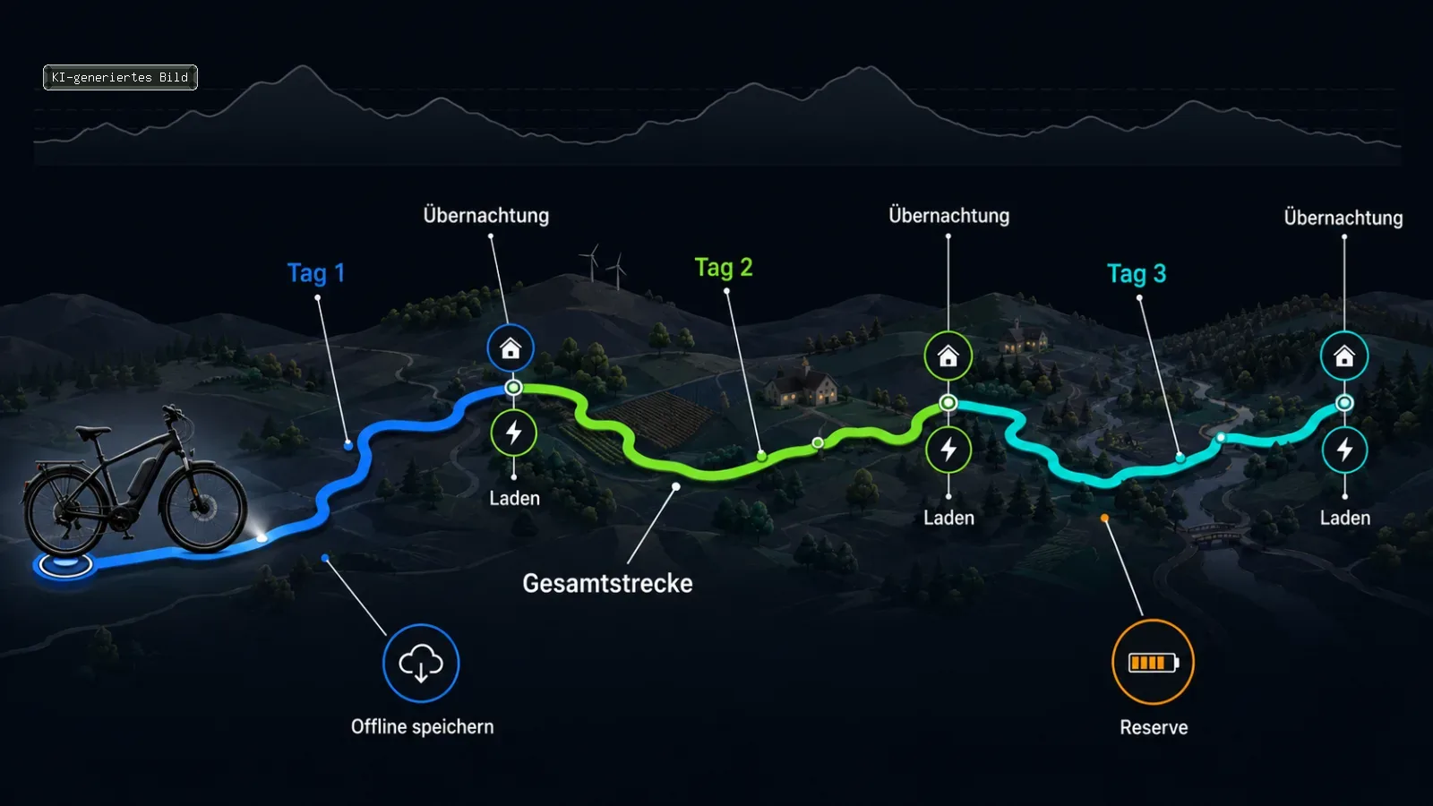 Route mit drei Tagesetappen, Ladepunkten und Übernachtungen als Planungsschemat