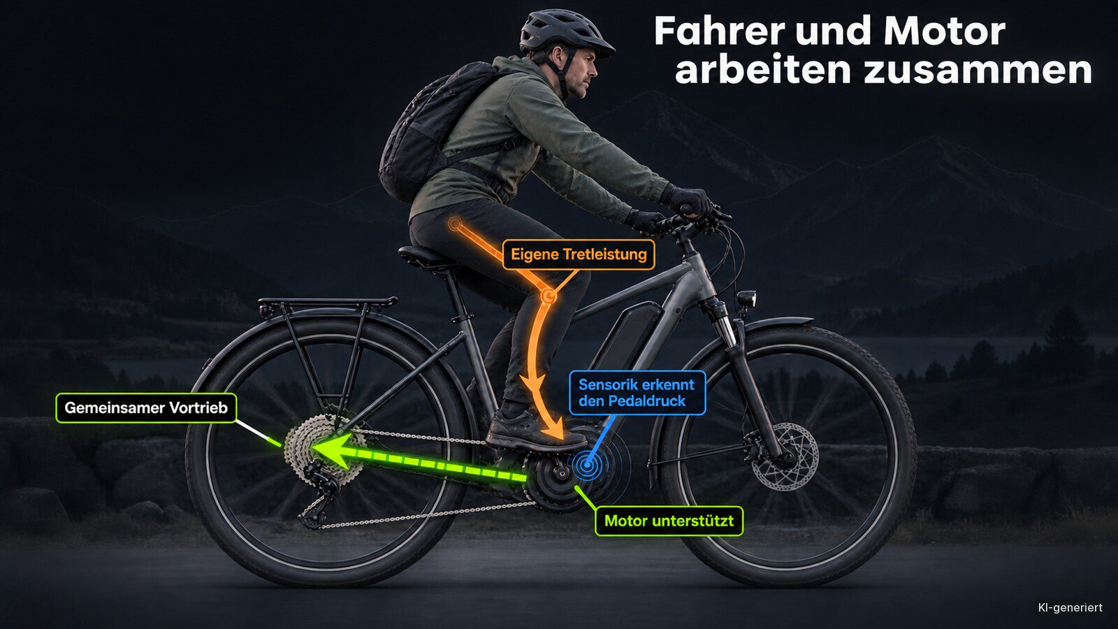 Schaubild zeigt, wie Tretkraft, Sensorik und Motorunterstützung gemeinsam ein E-Bike antreiben