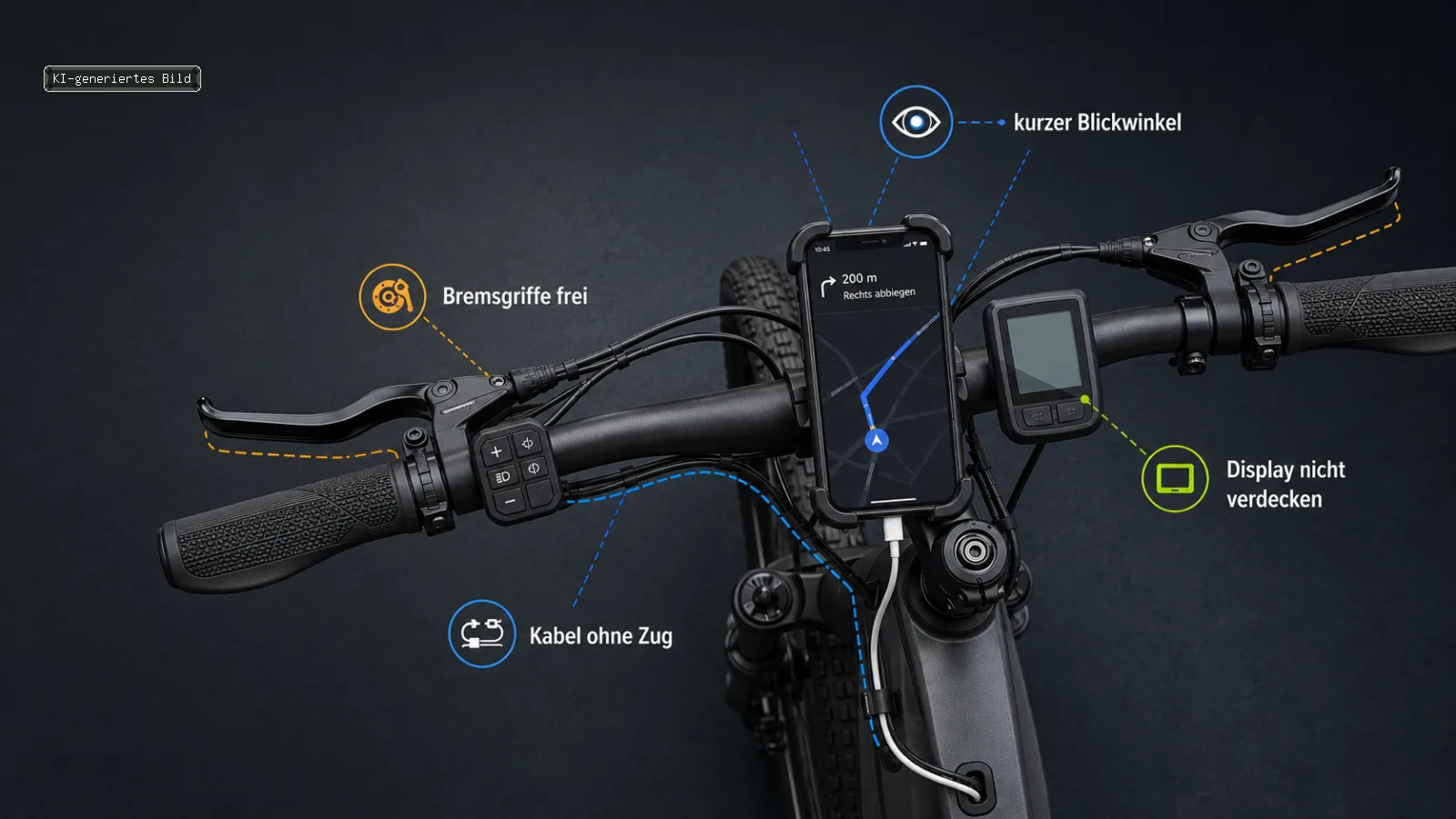 Smartphone mittig am E-Bike-Lenker mit sicheren Abständen zu Bremsgriffen und Kabeln 