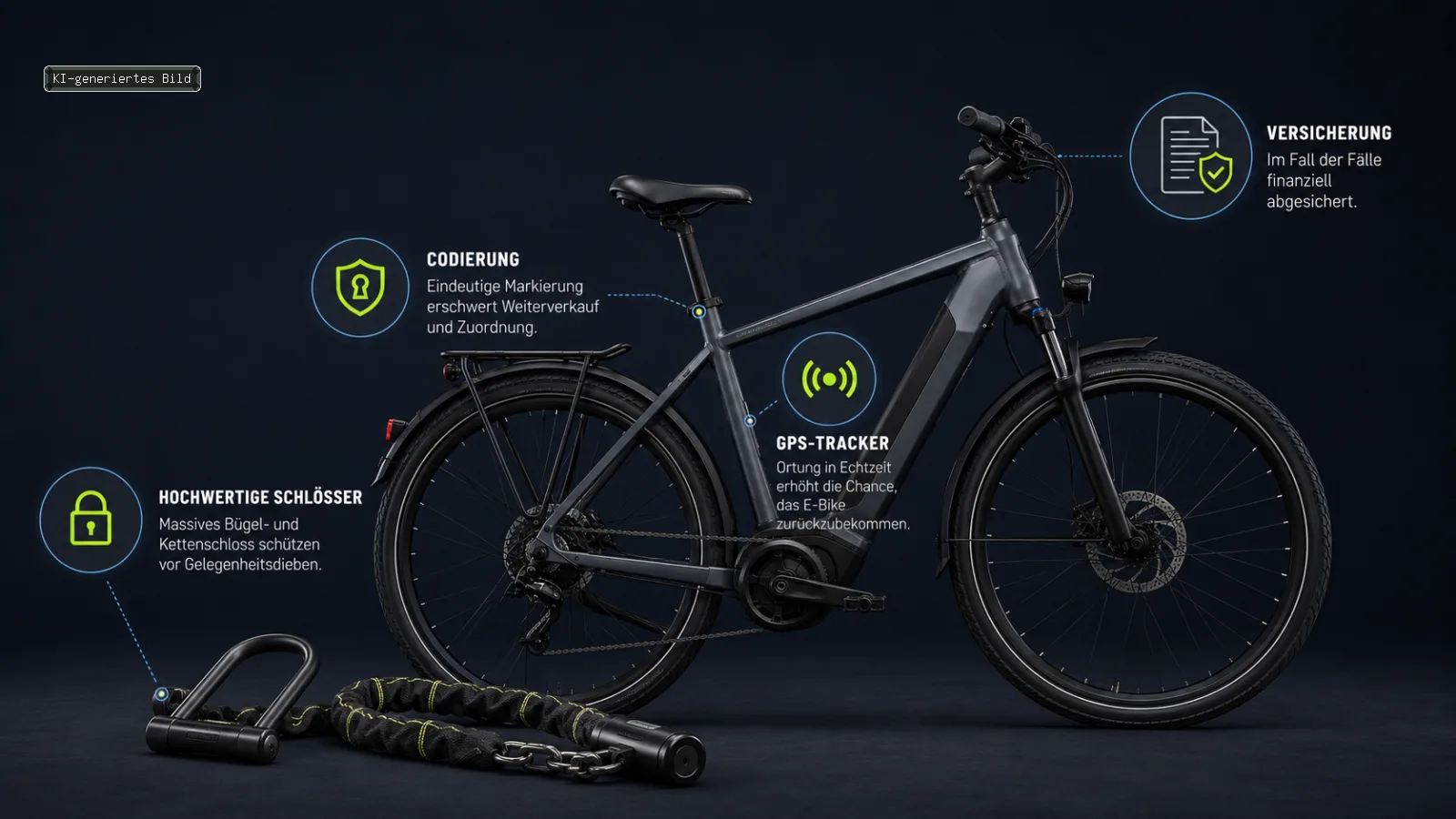 Seitenansicht eines E-Bikes mit vier verbundenen Schutzebenen: Schloss, Codierung, GPS-Signal, Versicherungsdokument - KI-generiert