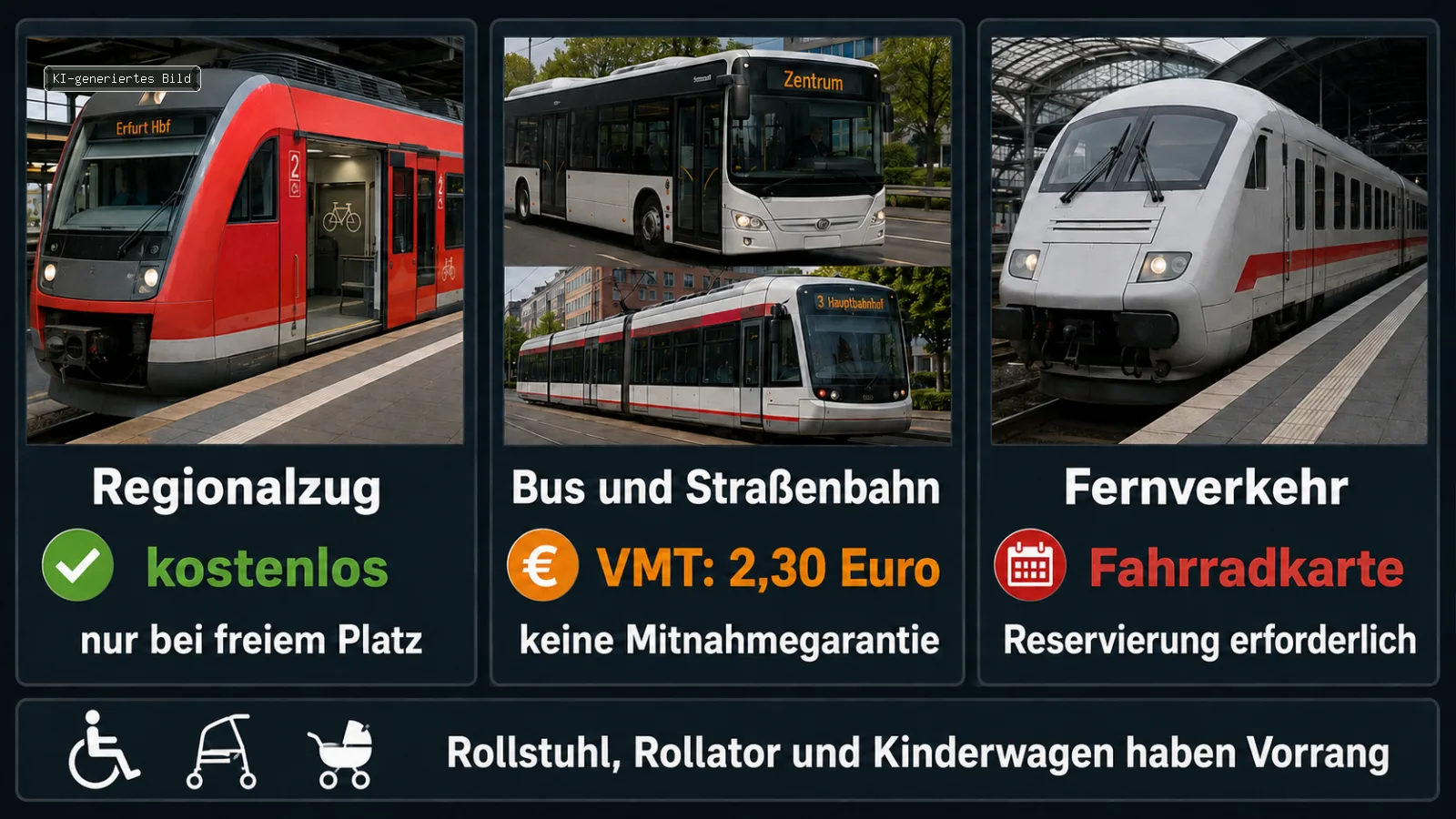 Vergleich der Mitnahmeregeln für E-Bikes in Regionalzug, Bus, Straßenbahn und Fernzug in Thüringen.
