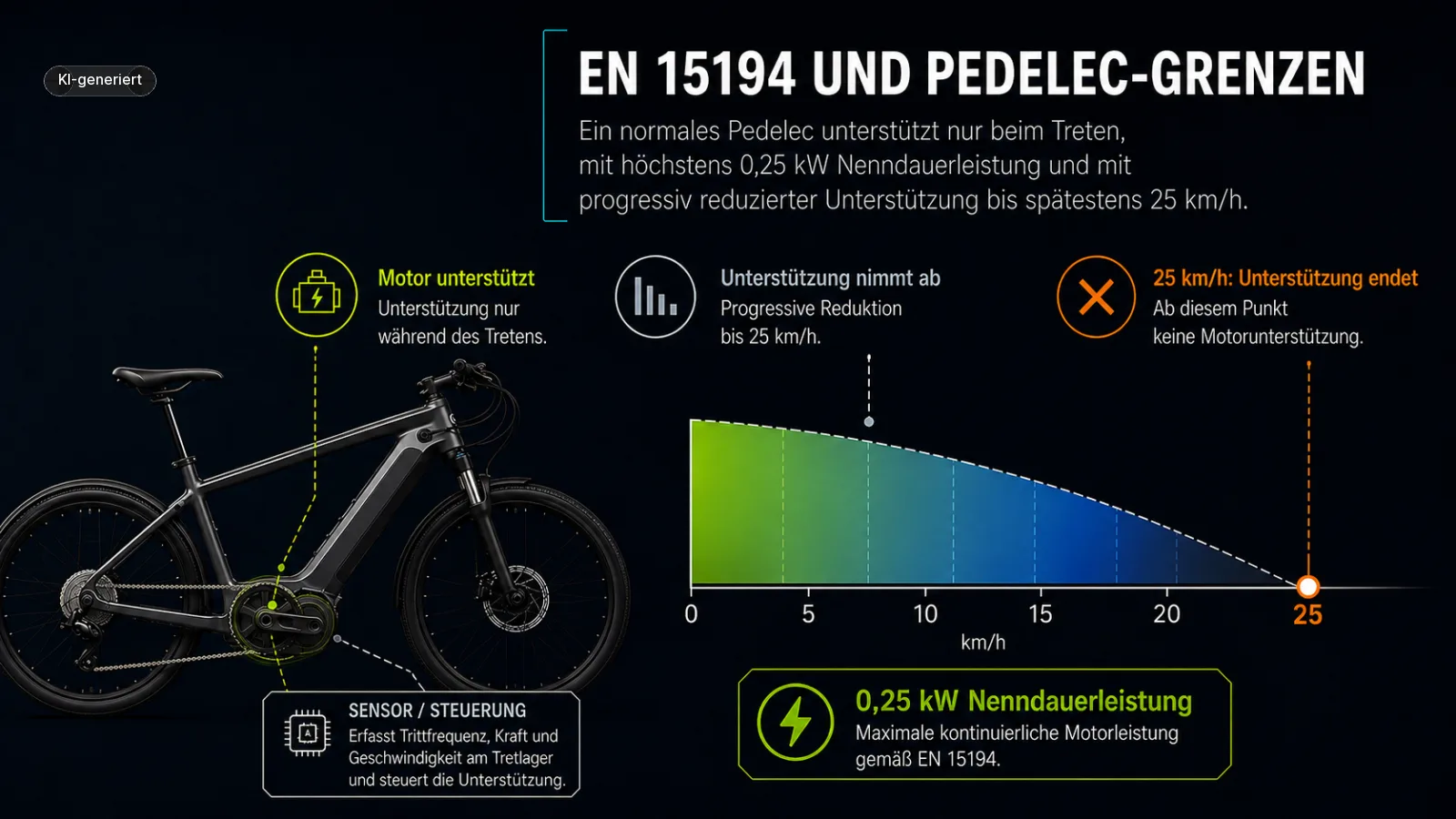 Pedelec-Schaubild mit Tretunterstützung bis 25 km/h und Abschaltpunkt 