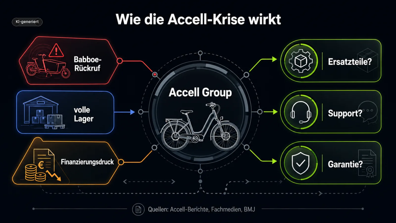 Systemübersicht zeigt Ursachen und Folgen der Accell-Insolvenz für E-Bike-Kunden