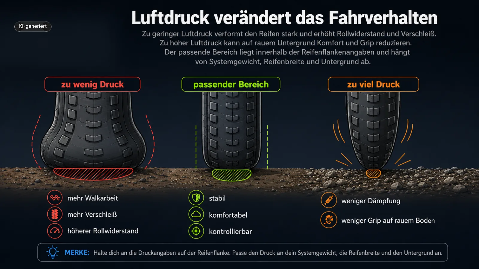  Drei Reifenaufstandsflächen zeigen zu niedrigen, passenden und zu hohen Luftdruck. 