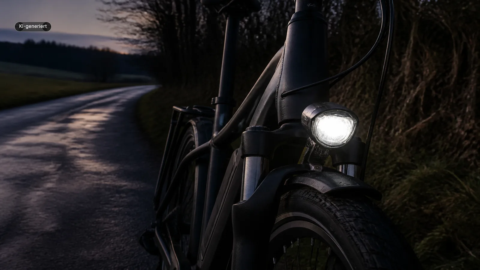 Seitenansicht eines Pedelecs mit beschrifteten Pflichtleuchten und Rückstrahlern vorn, hinten, an Pedalen und Speichen