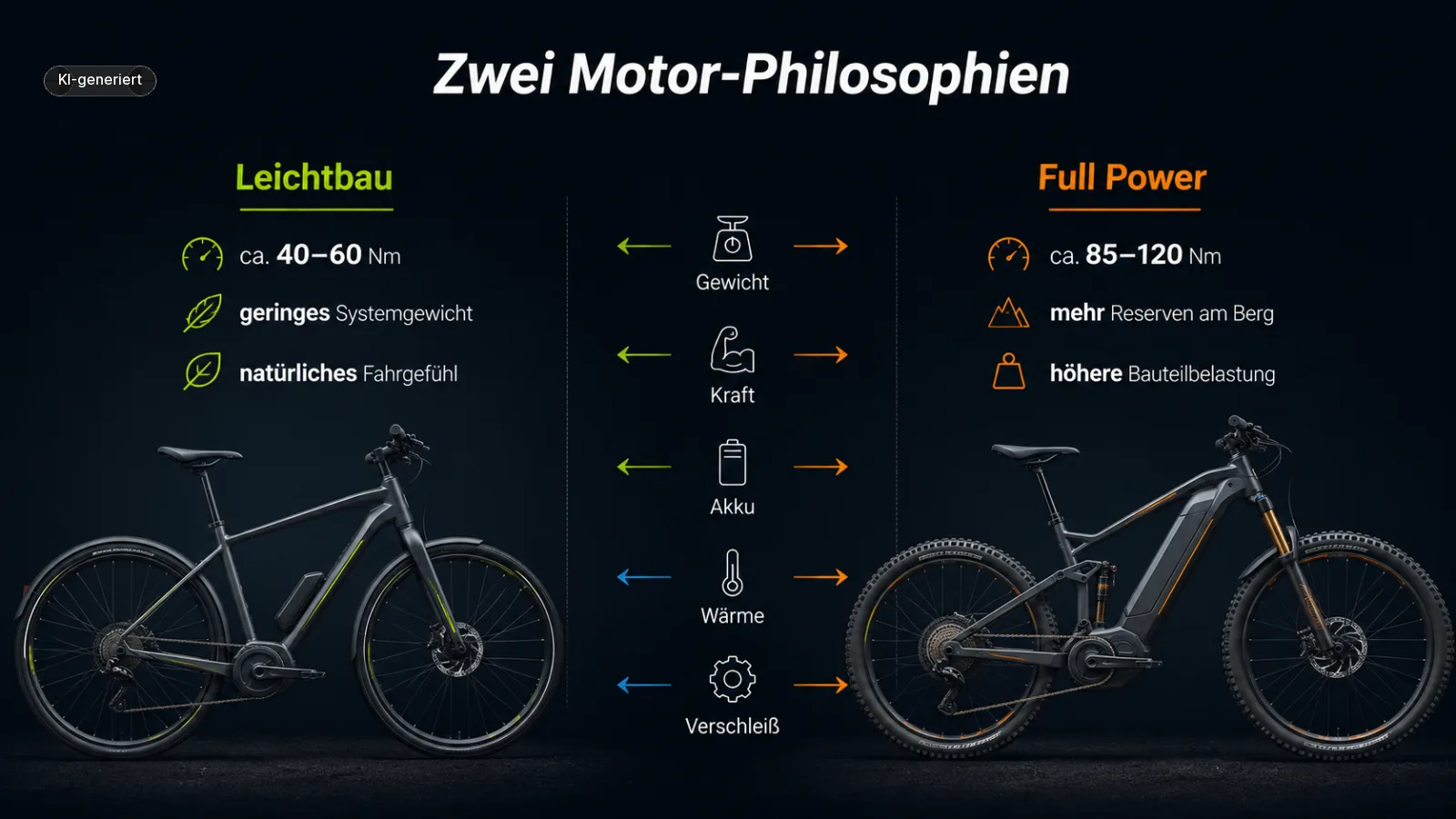 Zwei E-Bike-Motorkonzepte zeigen Unterschiede bei Gewicht, Kraft und Akkuanspruch.