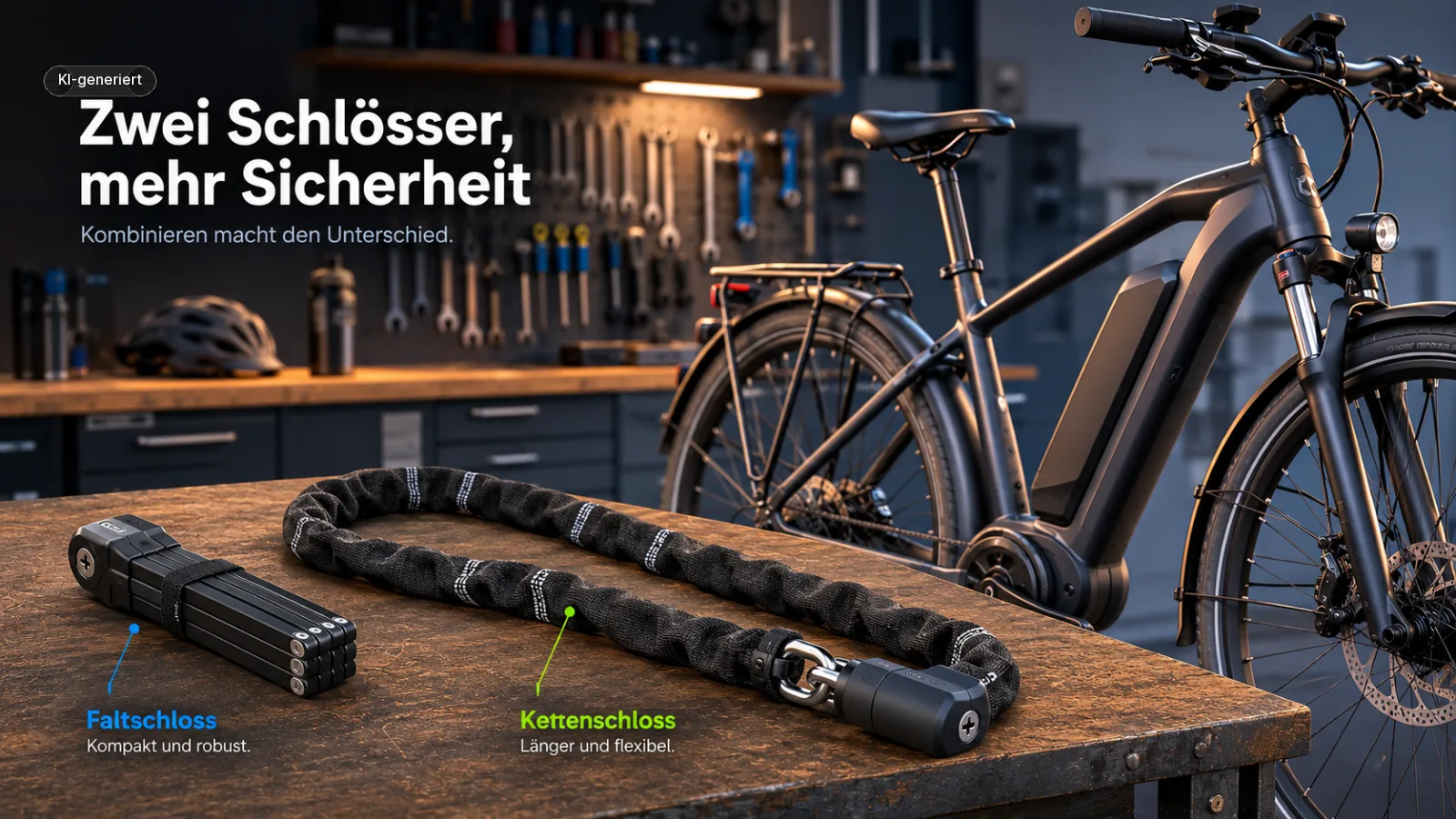 Faltschloss und Kettenschloss auf einem Tisch neben dem E-Bike