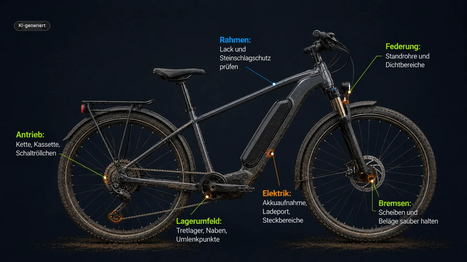 Trecking-E-Bike-Seitenansicht zeigt Schlammzonen an Antrieb, Lagern, Federung und Steckbereichen