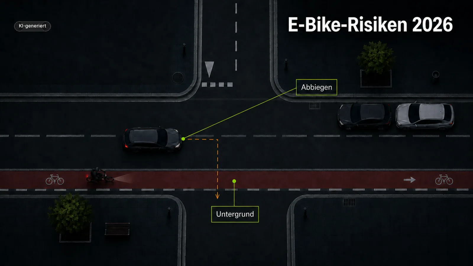 E-Bike an Kreuzung mit markierten Risikofeldern im Stadtverkehr