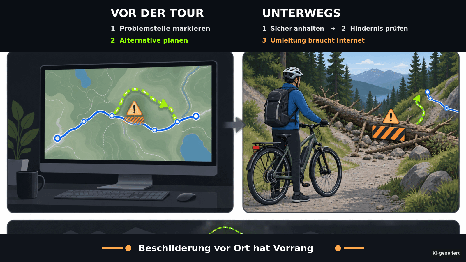 Zweigeteilte Prozessgrafik: bekannte Problemstelle vor der Tour im Web-Planer vermeiden und bei einem Hindernis unterwegs sicher anhalten und Umleitung prüfen.