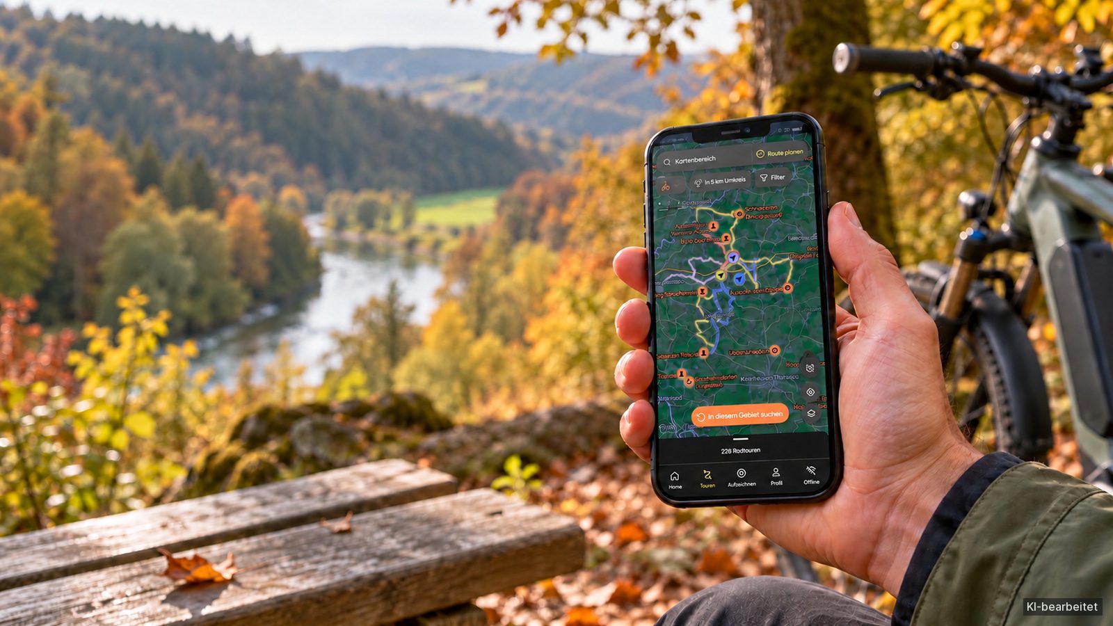 Hand hält ein Smartphone mit Komoot-Kartenansicht und farbigen Routen; ein abgestelltes E-Bike steht rechts im Hintergrund.