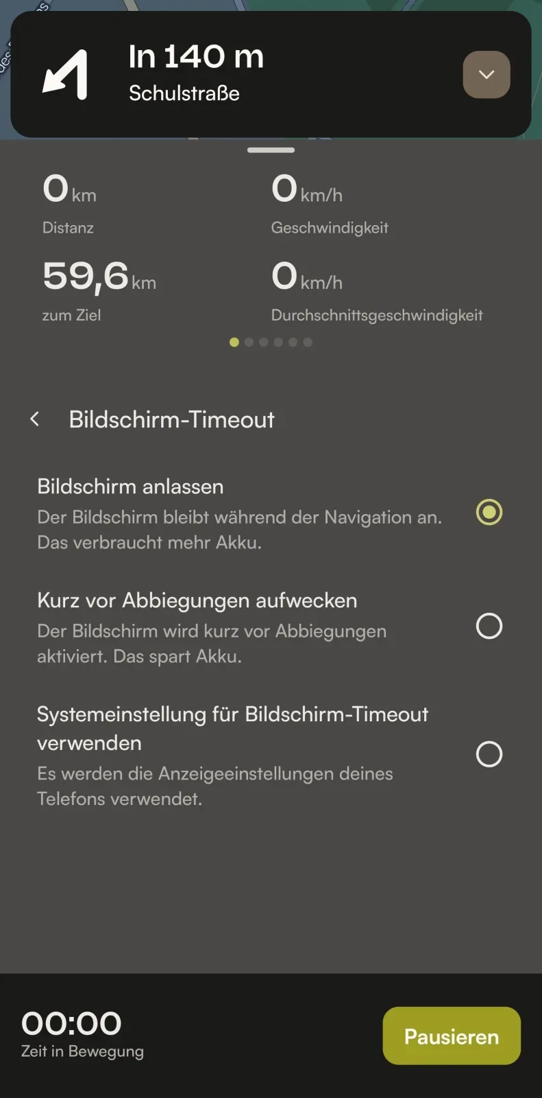 Komoot-Einstellung zum Aufwecken oder Anlassen des Bildschirms auf Android