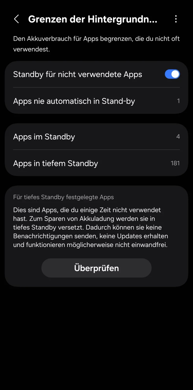 Samsung-Menü Grenzen der Hintergrundnutzung für Apps im Standby