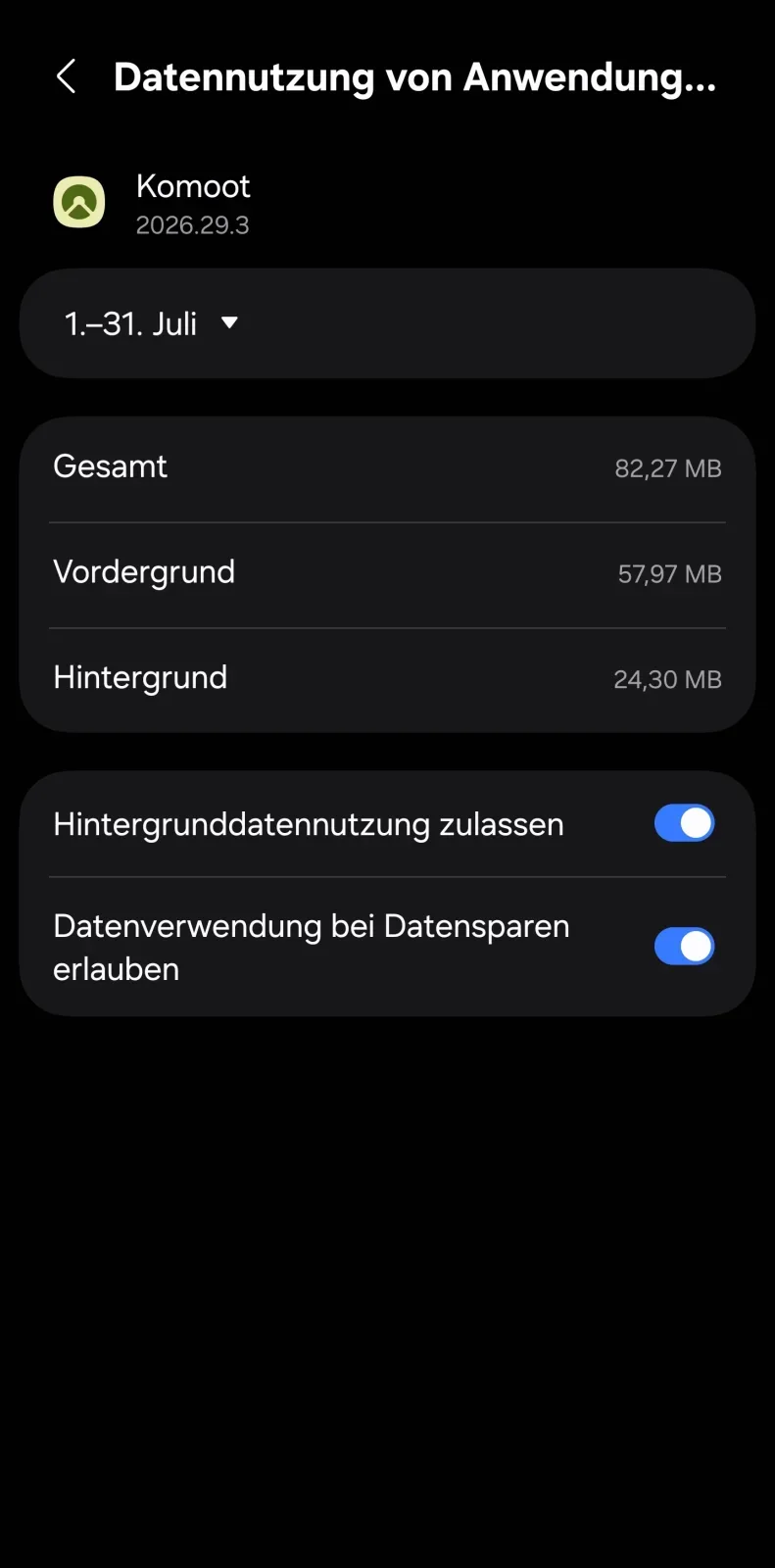 Hintergrunddatennutzung für Komoot auf einem Samsung Galaxy