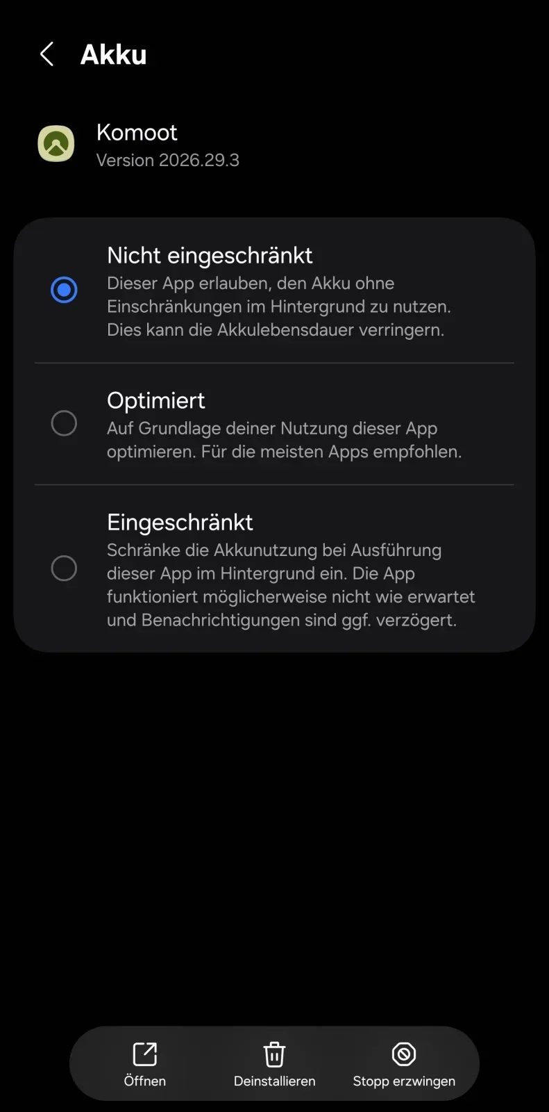 Komoot-Akkueinstellung Nicht eingeschränkt auf einem Samsung Galaxy