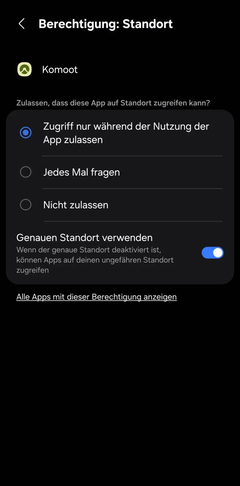 Standortberechtigung von Komoot auf einem Samsung Galaxy