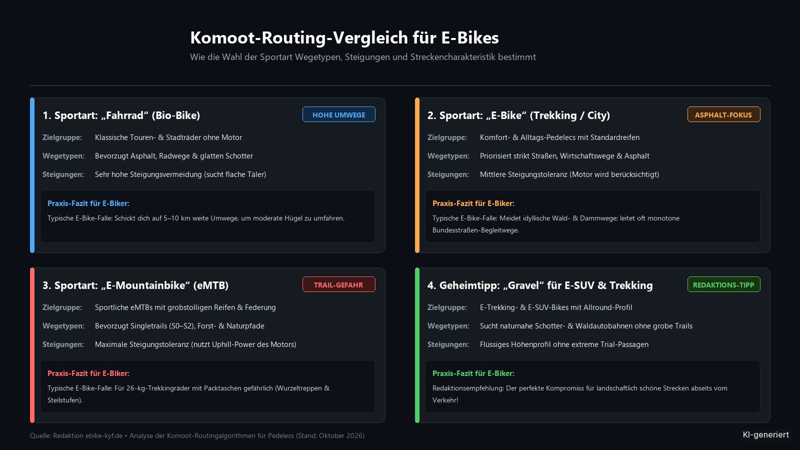 Infografik zum Vergleich der Routing-Algorithmen in Komoot für die Sportarten Fahrrad, E-Bike, E-Mountainbike und Gravel mit Vor- und Nachteilen.