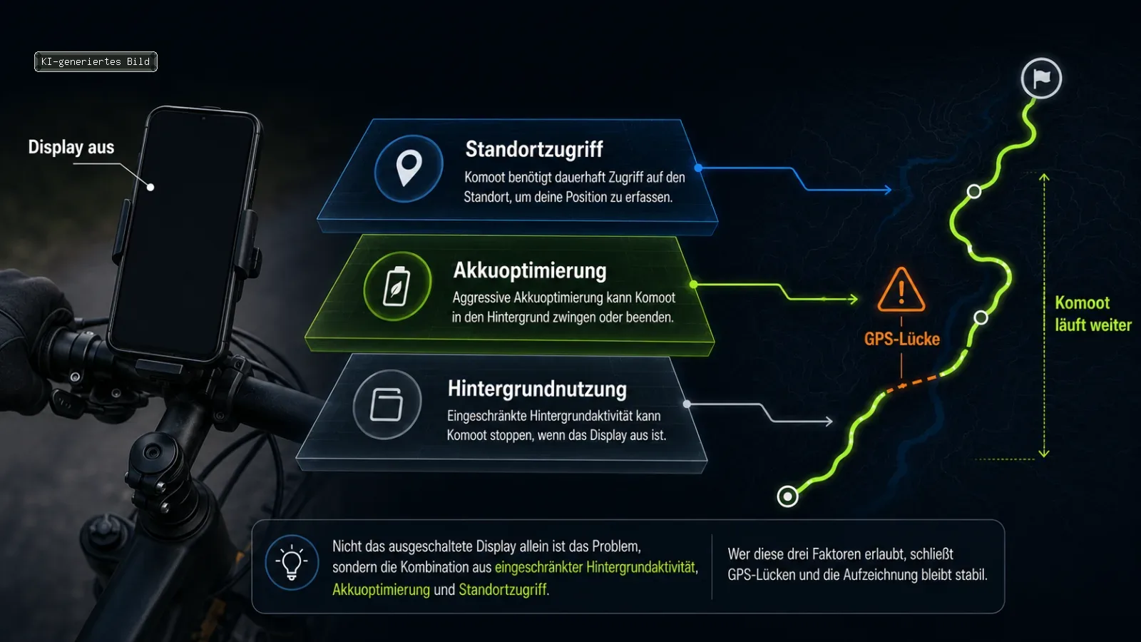 Android-Energiesparen unterbricht Komoot-Hintergrundlauf und GPS-Aufzeichnung bei ausgeschaltetem Display