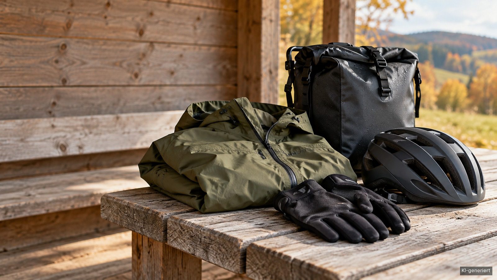 Regenjacke, Fahrradhandschuhe, Helm und eine wetterfeste Fahrradtasche liegen zur Vorbereitung einer herbstlichen E-Bike-Tour bereit.