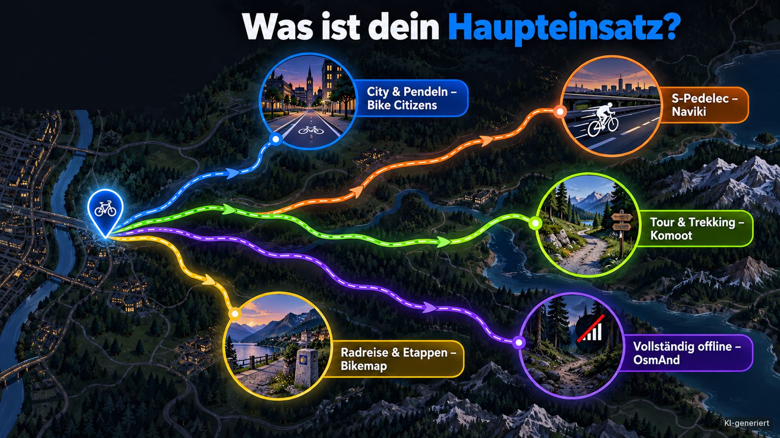 Verzweigte Entscheidungsgrafik mit Empfehlungen für Navigations-Apps nach City, S-Pedelec, Tour, Radreise und vollständiger Offline-Nutzung