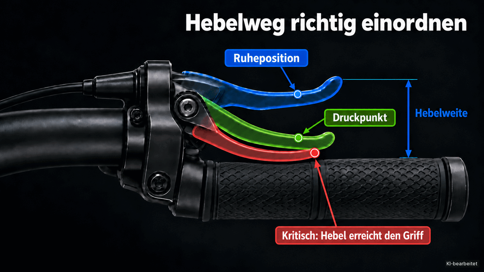 Seitliche Darstellung eines hydraulischen Bremshebels mit Ruheposition, Druckpunkt und kritischem Hebelweg bis zur äußeren Oberfläche des Lenkergriffs.